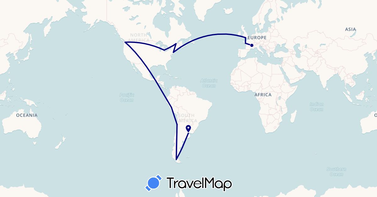 TravelMap itinerary: driving in Argentina, Canada, Chile, France, United Kingdom, Peru, United States (Europe, North America, South America)